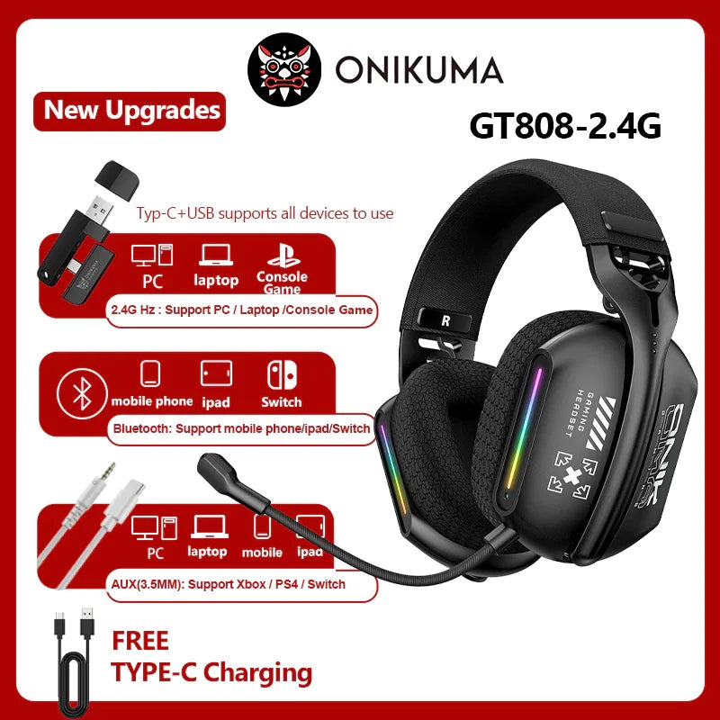 Casque gaming sans fil 3 modes — micro, éclairage RGB, Bluetooth 5.3, 2.4G, AUX 3.5mm, e-sports