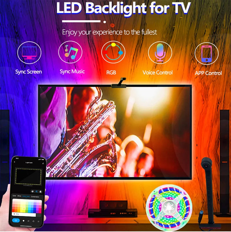 Tira de luces LED RGBIC para TV con cámara, control por aplicación, sincronización de música, luces inteligentes para sala de juegos, iluminación ambiental de 55 a 75 pulgadas