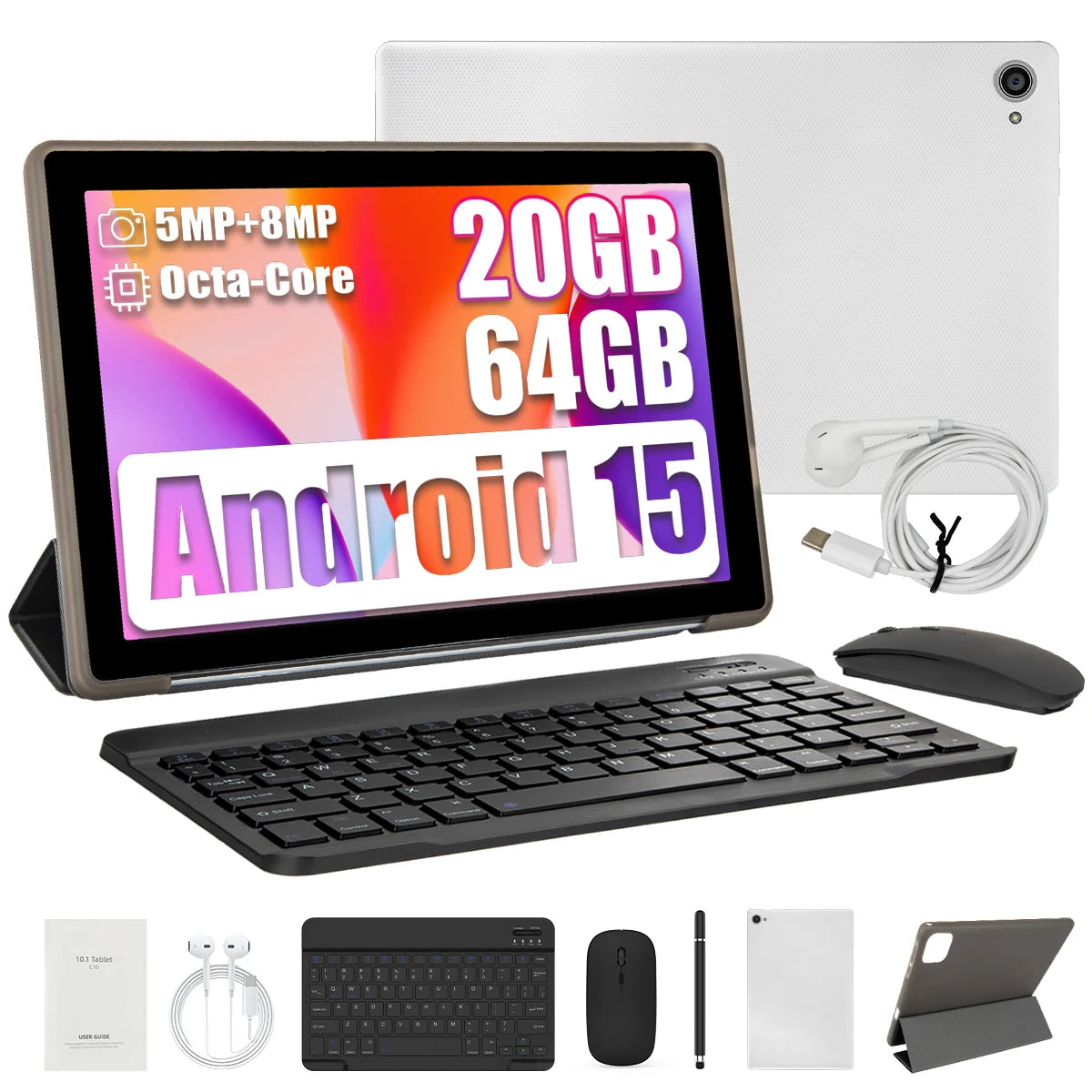 Tablette Android 15 10 pouces 20 Go de RAM 64 Go de ROM extensible 1 To WIFI6 WidevineL1 GMS 5000 mAh Stylet Clavier Souris Casque Ensemble