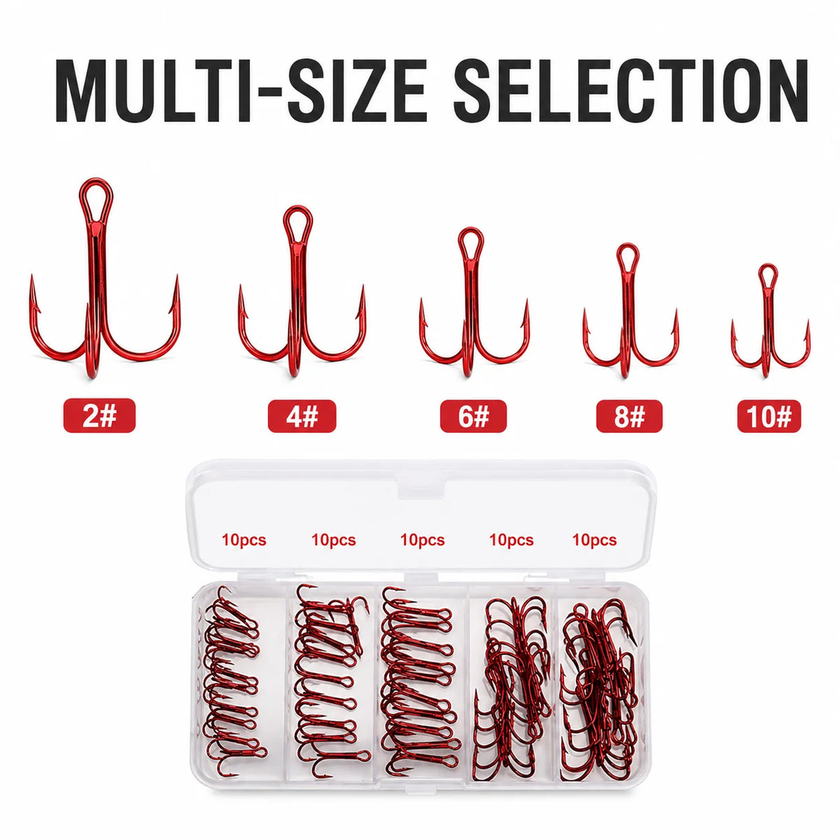 Ensemble de 50 hameçons triples rouges avec boîte de rangement, 5 tailles 2 #   4 #   Assortiment d'hameçons de pêche 6 8 10 pour leurres et kit de remplacement de matériel de pêche