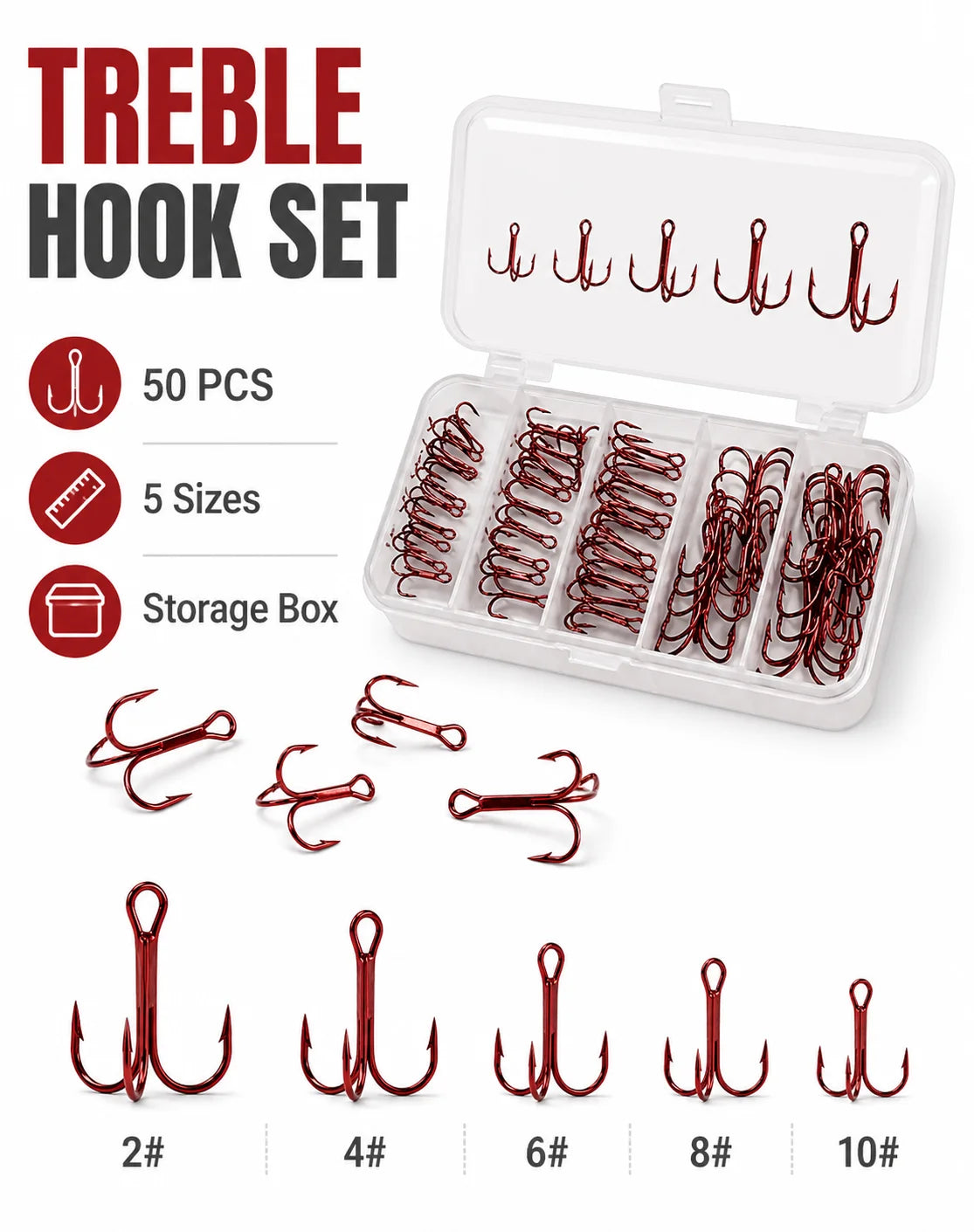 Ensemble de 50 hameçons triples rouges avec boîte de rangement, 5 tailles 2 #   4 #   Assortiment d'hameçons de pêche 6 8 10 pour leurres et kit de remplacement de matériel de pêche