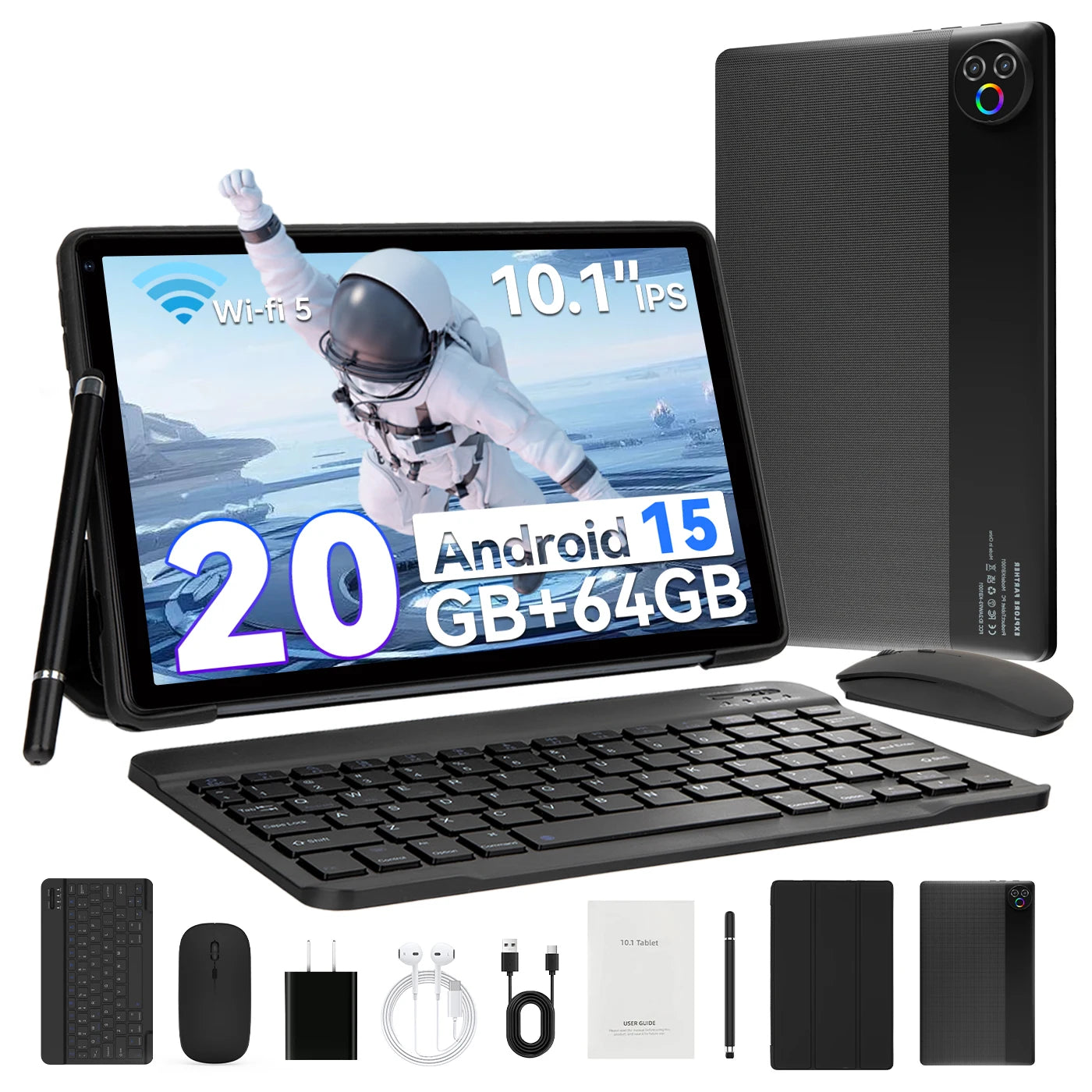 Tablette Android 15 10 pouces 20 Go de RAM 64 Go de ROM extensible 1 To WIFI6 WidevineL1 GMS 5000 mAh Stylet Clavier Souris Casque Ensemble