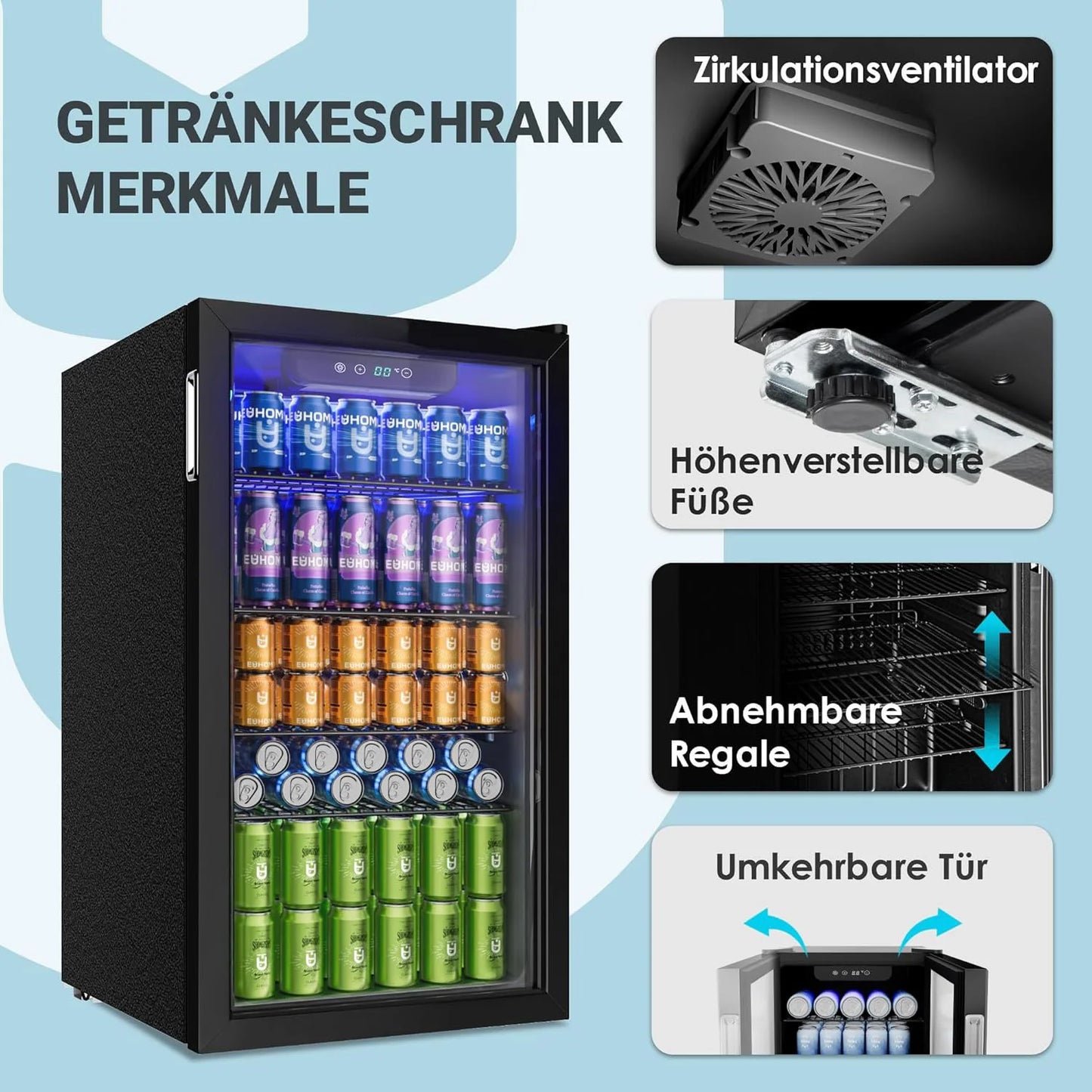 Réfrigérateur à boissons avec porte vitrée pour 126 canettes, étagères réglables, bière/vin, maison/Bar/bureau, acier inoxydable noir