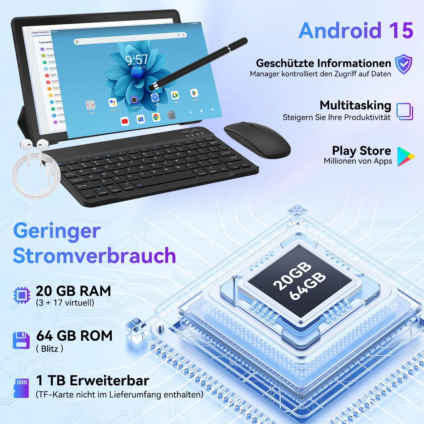 Tablette Android 15 10 pouces 20 Go de RAM 64 Go de ROM extensible 1 To WIFI6 WidevineL1 GMS 5000 mAh Stylet Clavier Souris Casque Ensemble