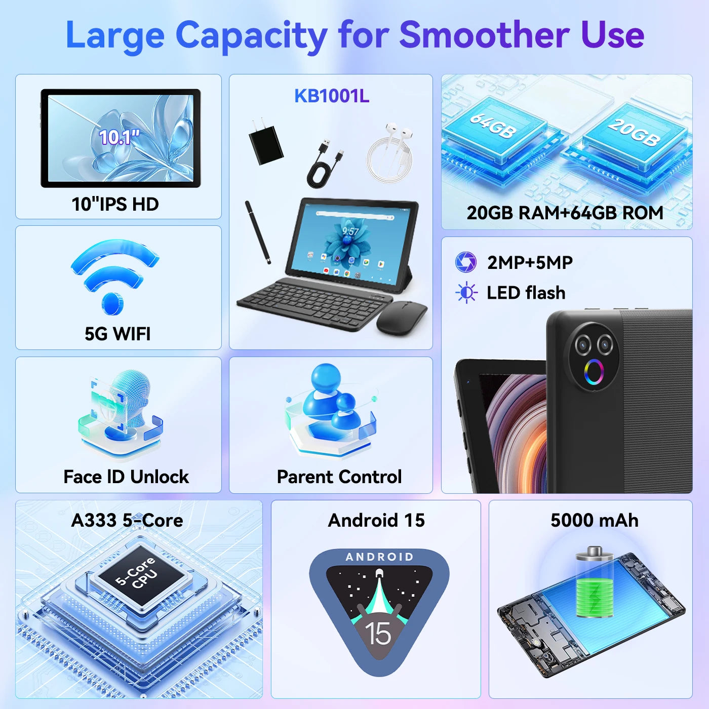 Tablette Android 15 10 pouces 20 Go de RAM 64 Go de ROM extensible 1 To WIFI6 WidevineL1 GMS 5000 mAh Stylet Clavier Souris Casque Ensemble
