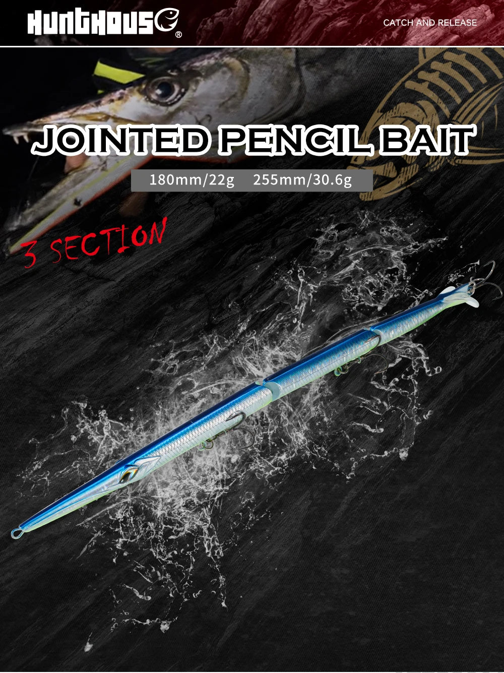 Leurre de pêche articulé Hunthouse, 3 sections, 180 mm/22 g, 255 mm/30,6 g, leurre nageur coulant pour la pêche au bleu-feuille et au bar.