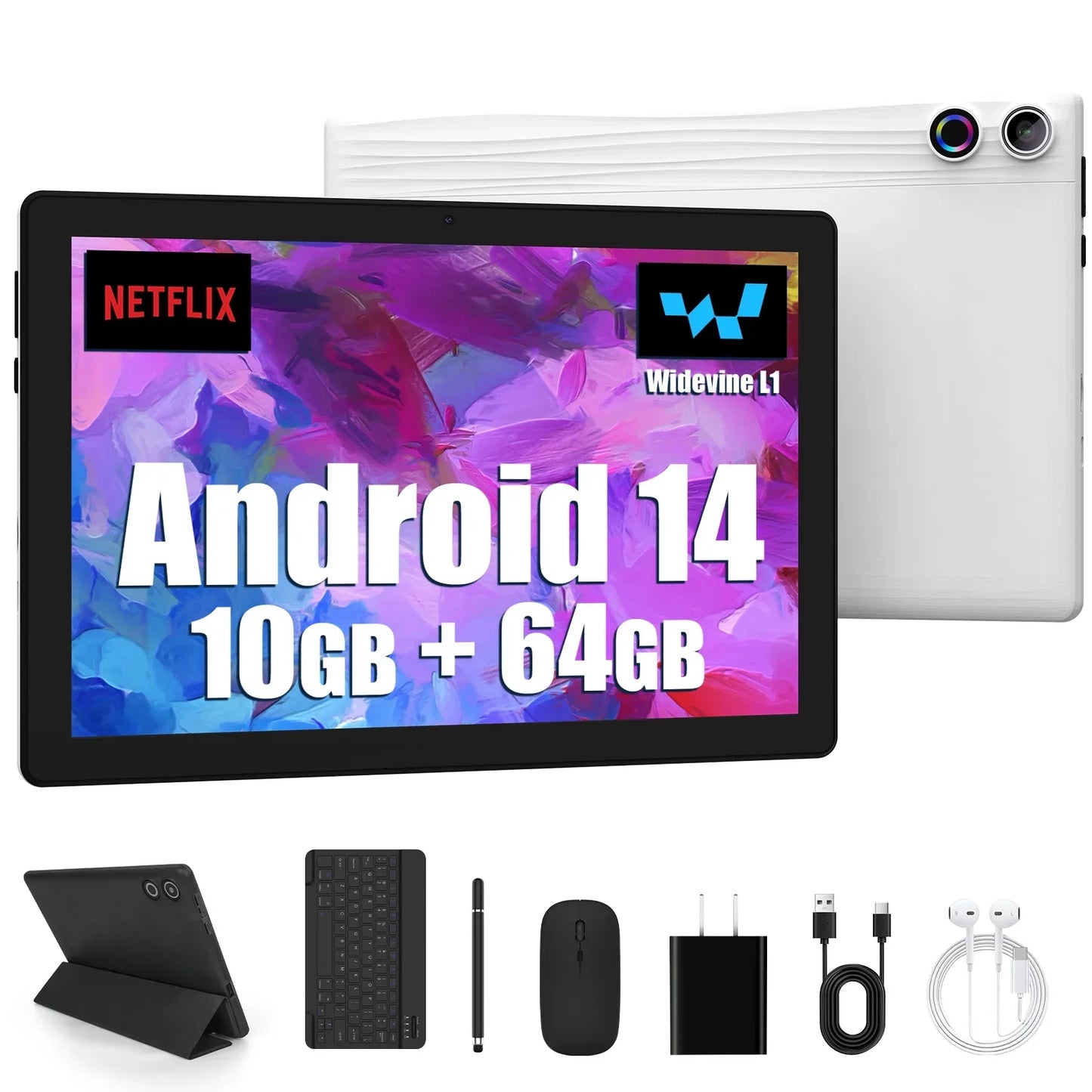 Tablette Android 15 la plus récente 2026, 10 pouces, 20 Go + 64 Go extensible à 1 To, Widevine L1, GMS, 5000 mAh, avec stylet, clavier, souris, écouteurs et étui