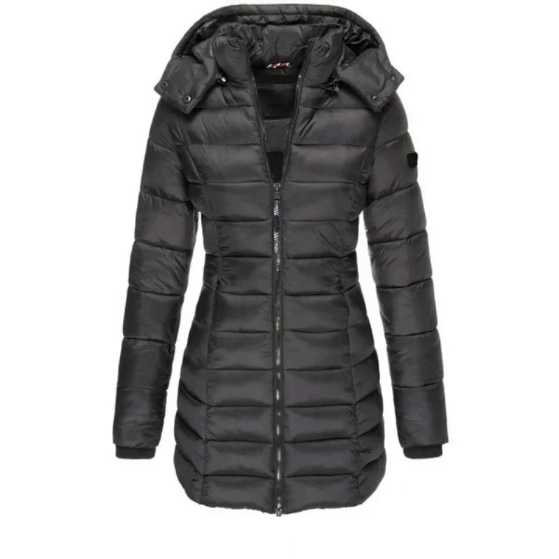 Parka épaisse et chaude pour femme, couleur unie, manteaux avec fermeture éclair, manches longues, veste bouffante rembourrée, mi-longue, Slim, sweat à capuche, hiver