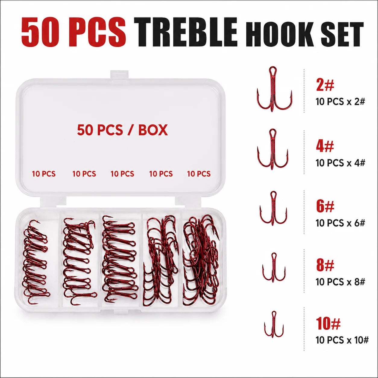 Ensemble de 50 hameçons triples rouges avec boîte de rangement, 5 tailles 2 #   4 #   Assortiment d'hameçons de pêche 6 8 10 pour leurres et kit de remplacement de matériel de pêche