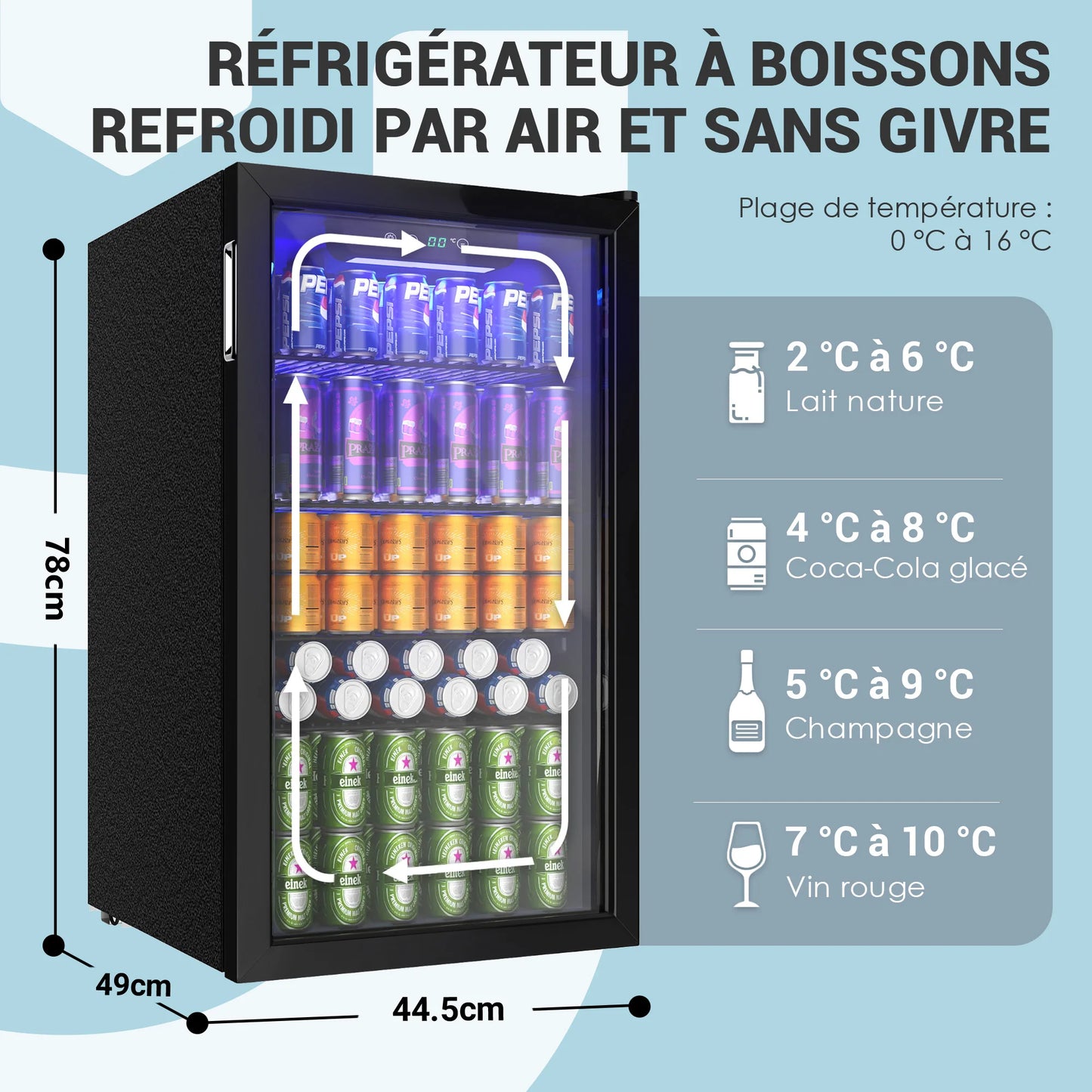 Réfrigérateur à boissons avec porte vitrée pour 126 canettes, étagères réglables, bière/vin, maison/Bar/bureau, acier inoxydable noir