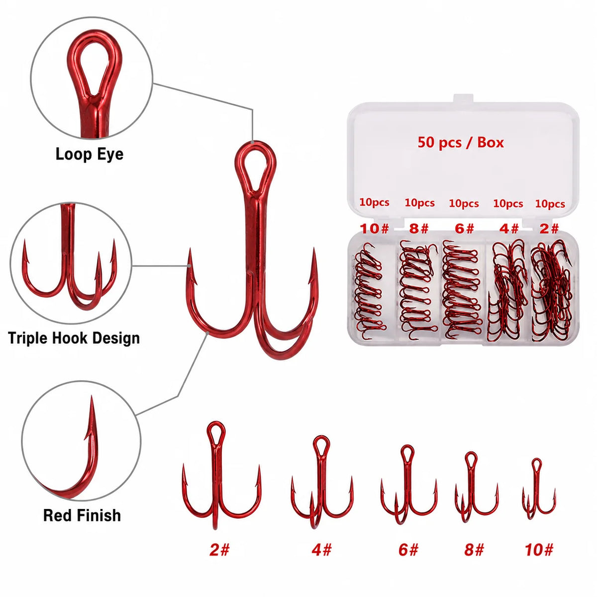 Ensemble de 50 hameçons triples rouges avec boîte de rangement, 5 tailles 2 #   4 #   Assortiment d'hameçons de pêche 6 8 10 pour leurres et kit de remplacement de matériel de pêche