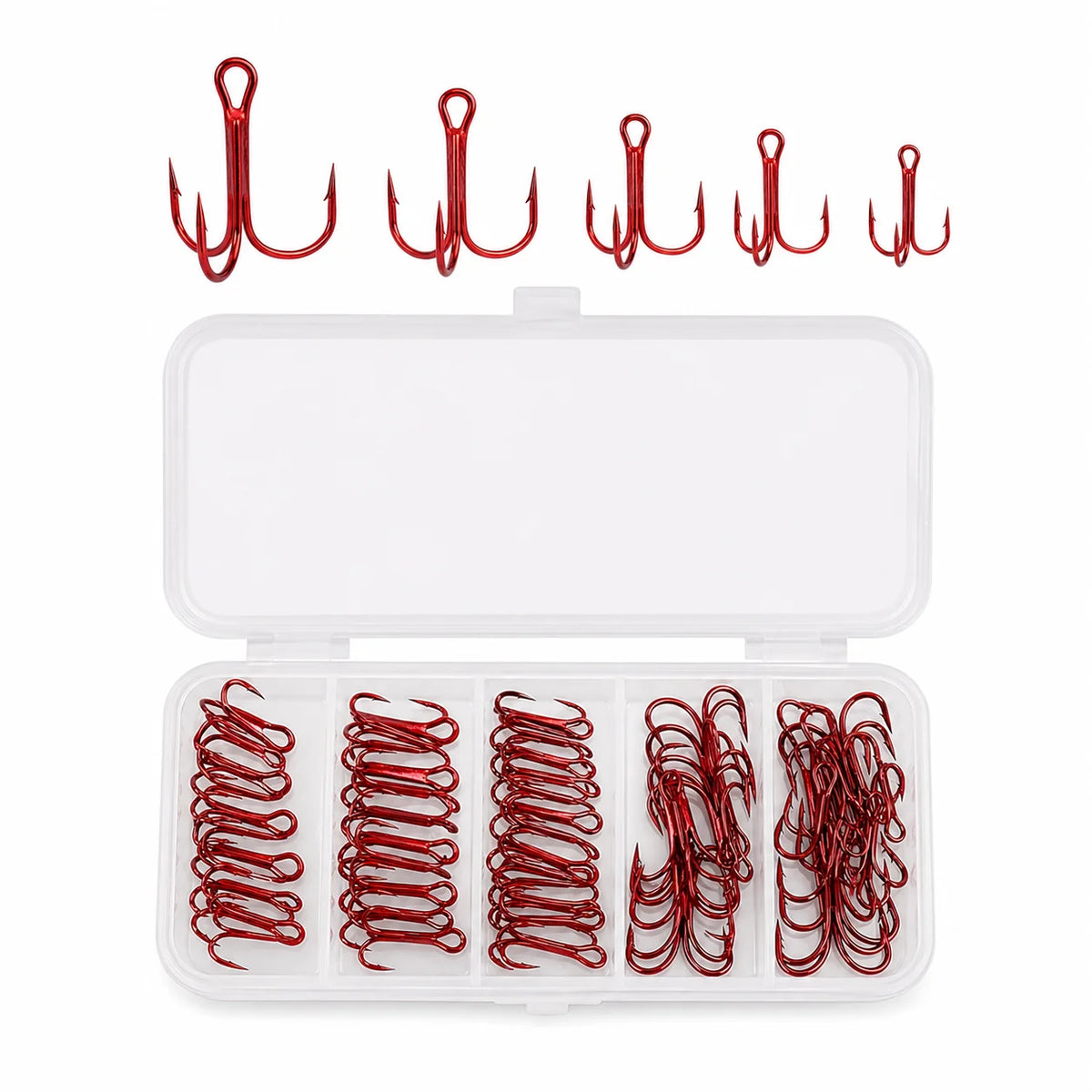Ensemble de 50 hameçons triples rouges avec boîte de rangement, 5 tailles 2 #   4 #   Assortiment d'hameçons de pêche 6 8 10 pour leurres et kit de remplacement de matériel de pêche