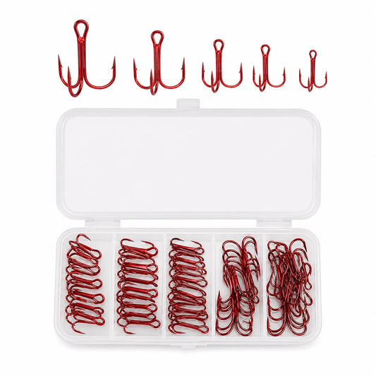 Ensemble de 50 hameçons triples rouges avec boîte de rangement, 5 tailles 2 #   4 #   Assortiment d'hameçons de pêche 6 8 10 pour leurres et kit de remplacement de matériel de pêche