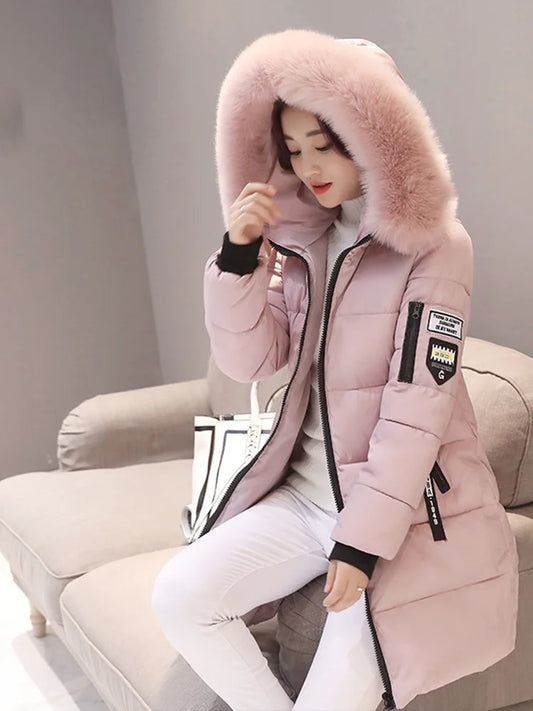 Women's Hooded Parka with Fur Collar, Elegant Long Slim Warm Jacket, Optical Design, Zipper Pockets, Letter Patch, Winter Fashion
