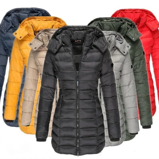 Women's Thick Warm Parka, Solid Color Zip-up Coat, Long Sleeve Padded Puffer Mid-length Slim Hoodie Winter Jacket