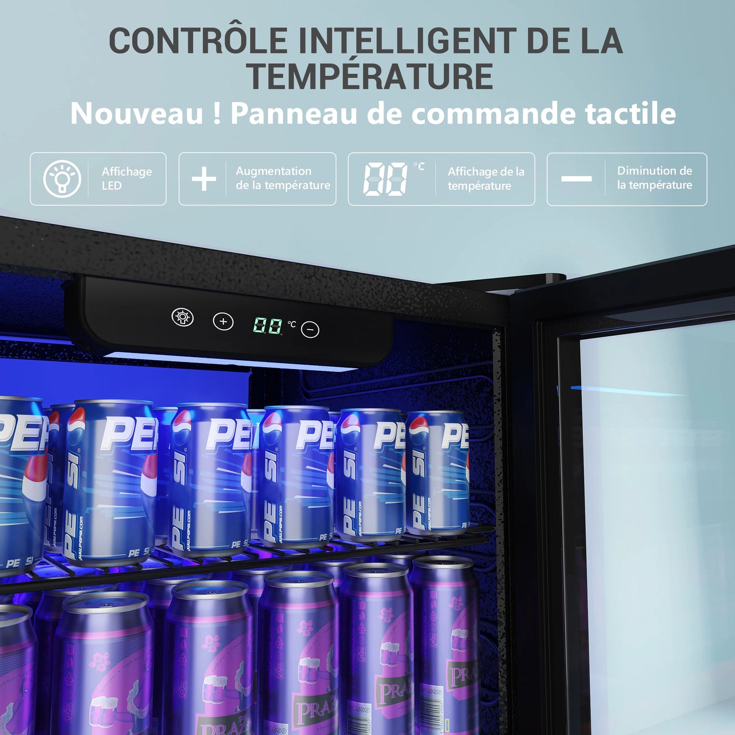 Réfrigérateur à boissons avec porte vitrée pour 126 canettes, étagères réglables, bière/vin, maison/Bar/bureau, acier inoxydable noir