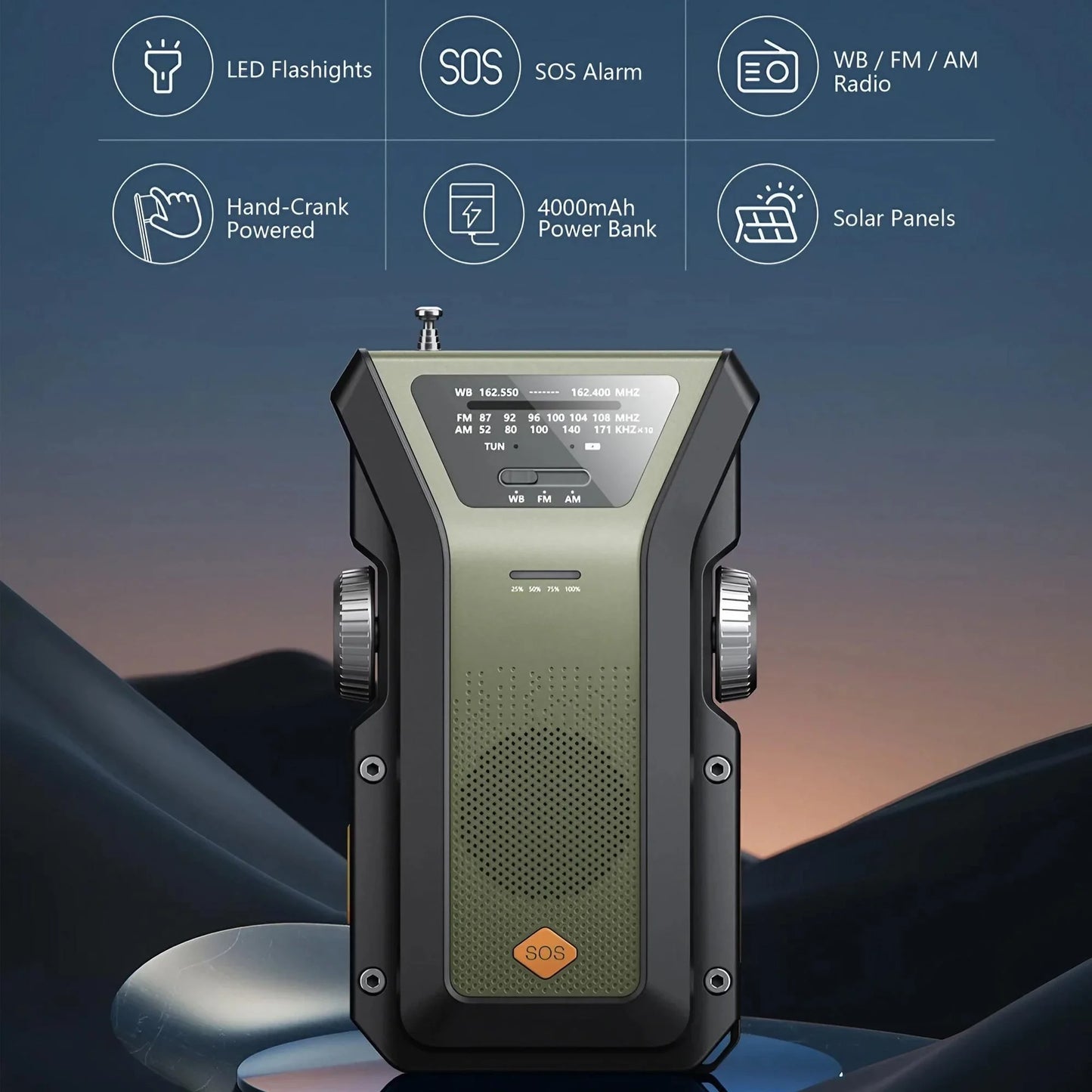 Radio météo d'urgence multifonctionnelle, FM AM WB, manivelle, charge USB solaire, batterie externe 2000mAh, lampe torche LED