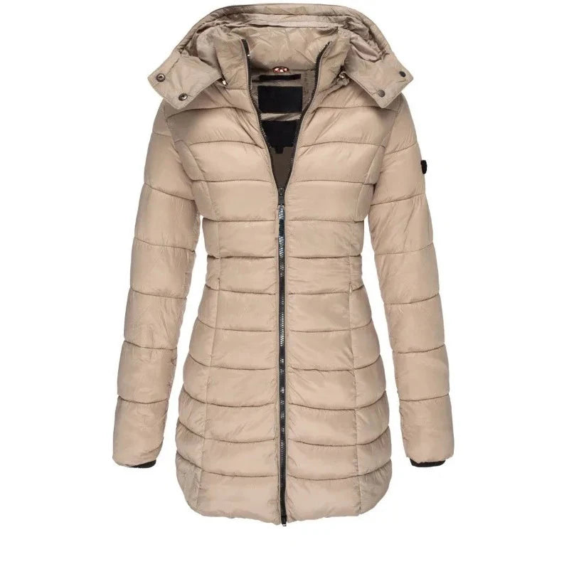 Parka épaisse et chaude pour femme, couleur unie, manteaux avec fermeture éclair, manches longues, veste bouffante rembourrée, mi-longue, Slim, sweat à capuche, hiver