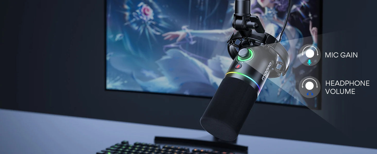 MAONO PD200X – Microphone dynamique XLR/USB avec bouton de gain et Tap-to-Mute pour gaming et streaming