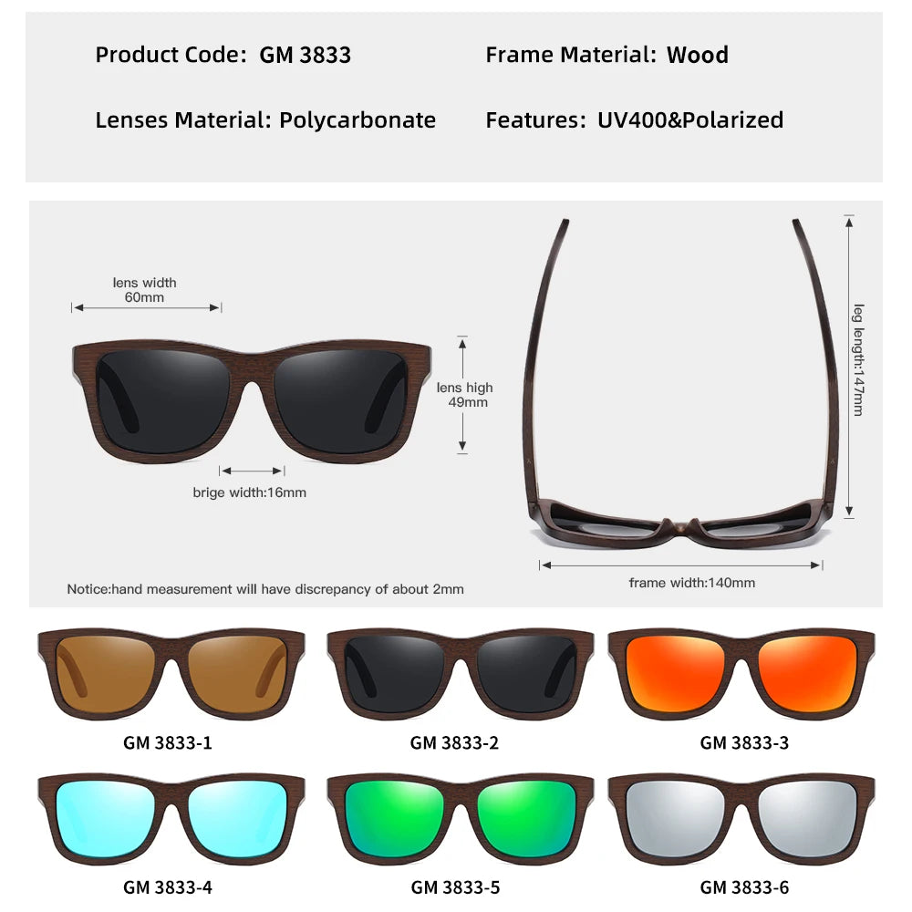 Lunettes de soleil en bois de bambou naturel polarisées faites à la main — miroir, boîte cadeau