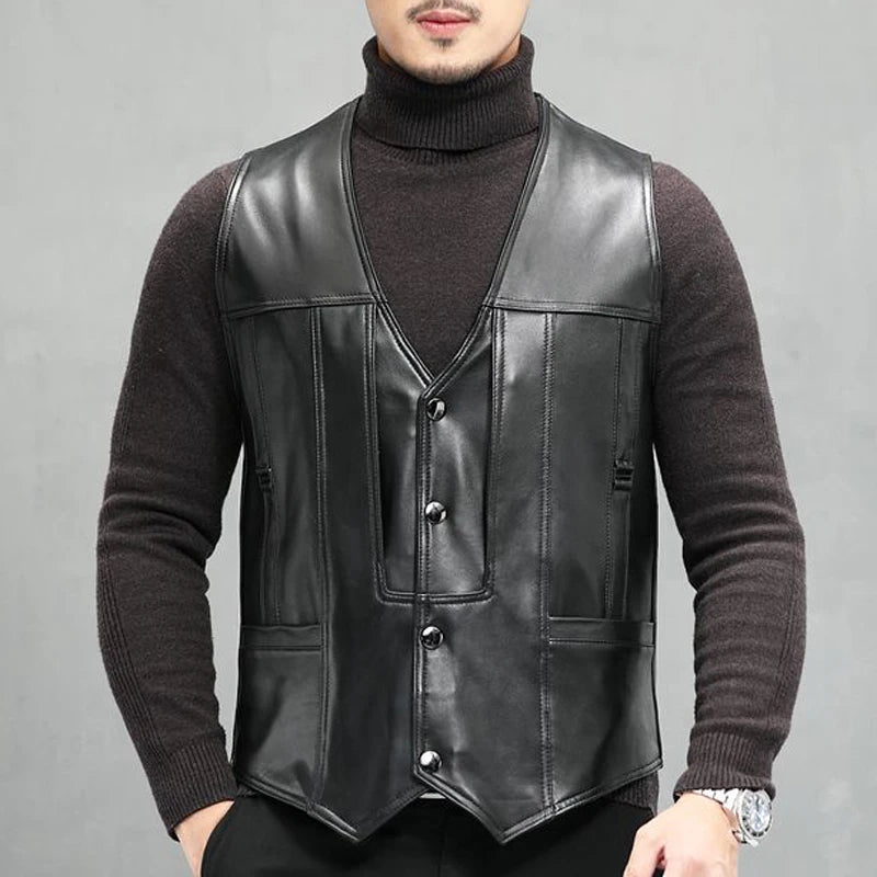 Gilet en cuir glacé pour homme classique — peau de mouton, col en V, cérémonie, nouvelle collection 2024