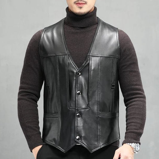 Chaleco de piel de cordero encerada para hombre, prenda clásica de piel de cordero, cuello en V, estilo chaleco, atuendo de ceremonia, nueva colección 2024