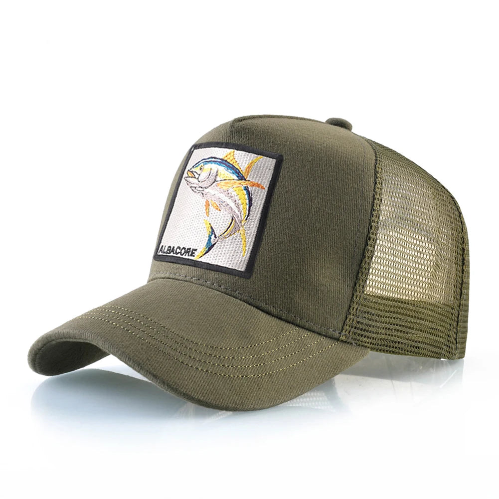 Gorra de béisbol de malla transpirable para mujer, gorra de camionero con parche de atún blanco, Hip Hop, gorra de hueso con solapa