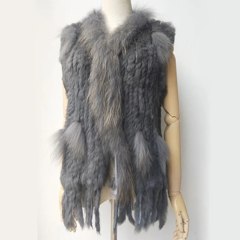 Chaleco de punto de piel de conejo natural auténtica con pompón, chaleco cálido sin mangas para mujer, con ribete de piel de mapache auténtica