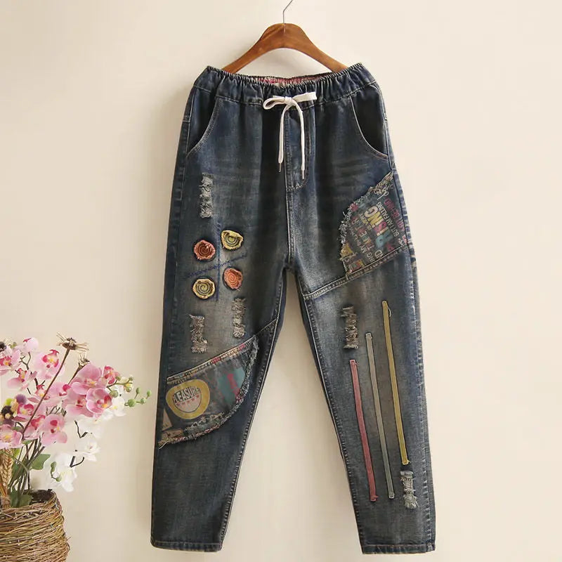 2025 New Spring New Ethnic Embroidery Elastic Waist Jeans for Women Loose High Waist Women's Harem Pants Women's Retro Denim Pants