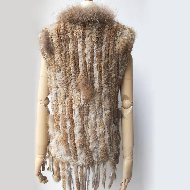 Chaleco de punto de piel de conejo natural auténtica con pompón, chaleco cálido sin mangas para mujer, con ribete de piel de mapache auténtica
