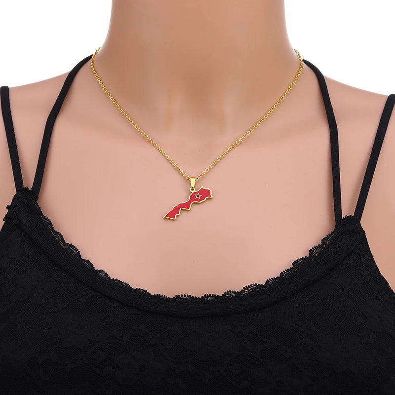 Royaume du Maroc Carte Drapeau Pendentif Collier En Acier Inoxydable Hommes Femmes Bijoux ethniques africains Le Royaume Du Maroc Drapeau National