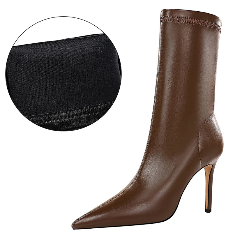 BIGTREE Women's High Heel Leather Boots, Short Ankle Boots, Rinse Shoes, Autumn and Winter