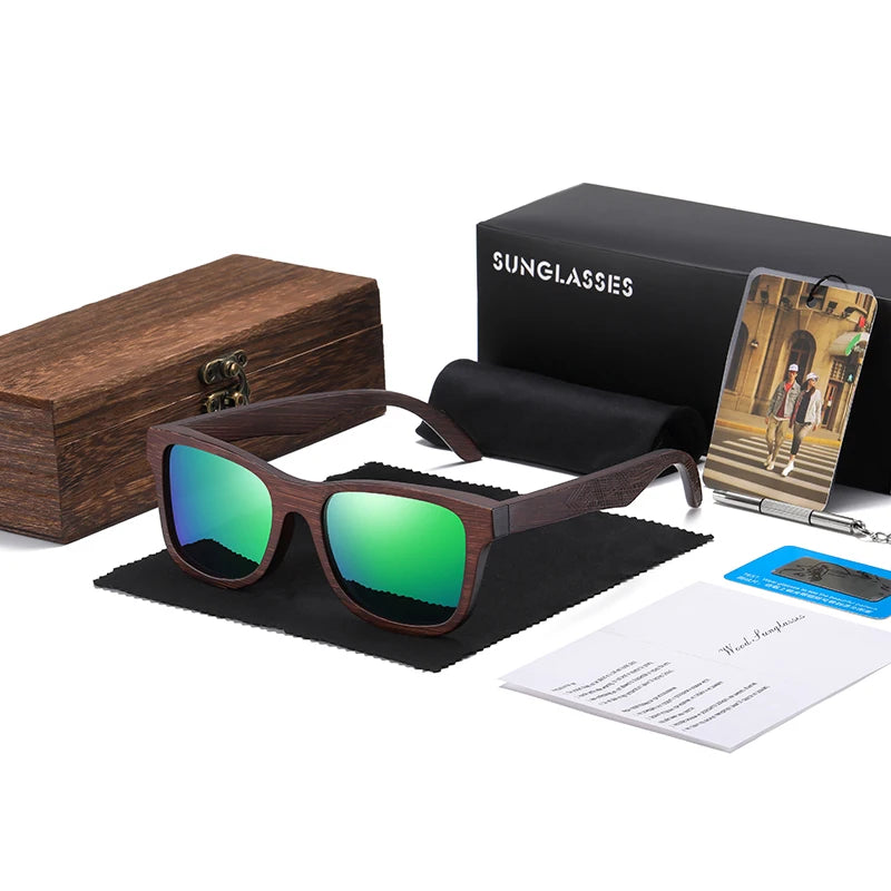 Lunettes de soleil en bois de bambou naturel polarisées faites à la main — miroir, boîte cadeau