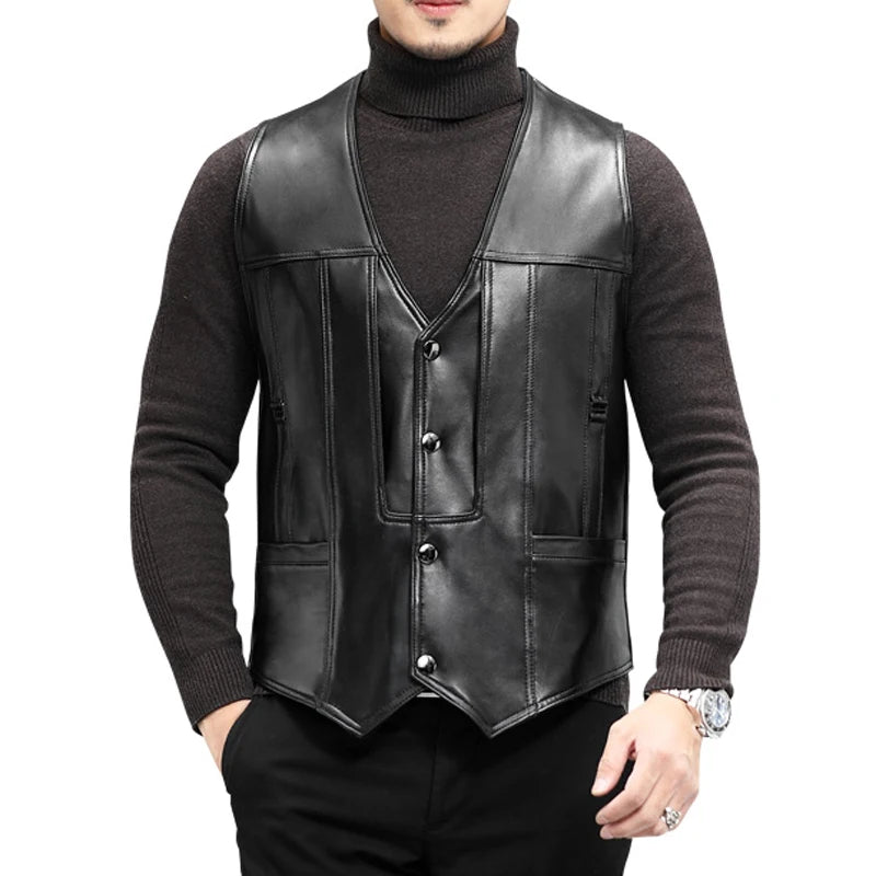 Gilet en cuir glacé pour homme classique — peau de mouton, col en V, cérémonie, nouvelle collection 2024