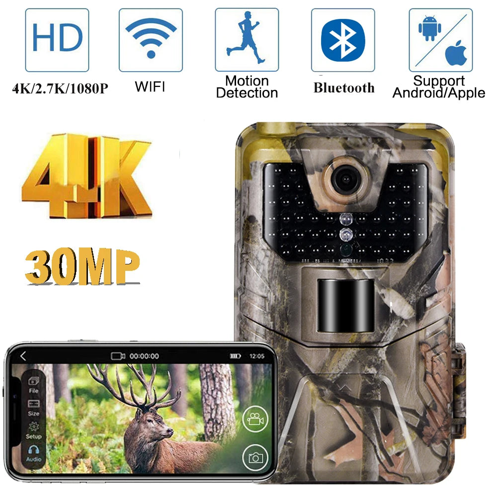 Caméra de suivi des sentiers en direct WIFI 4K 30MP APP contrôle Bluetooth caméras de chasse Vision nocturne WIFI900PRO Surveillance de la faune