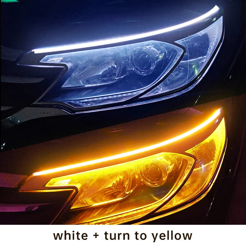 2 piezas faros de coche intermitentes, luces DRL LED de freno de flujo blanco y ámbar, tira flexible impermeable de 12 V para luces diurnas de coche