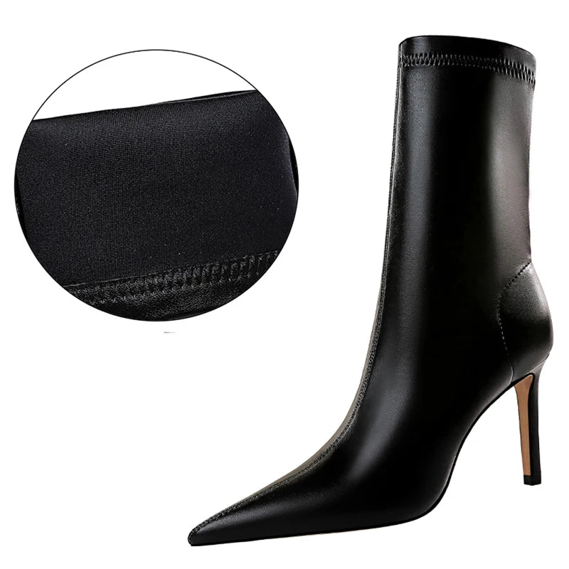 BIGTREE Women's High Heel Leather Boots, Short Ankle Boots, Rinse Shoes, Autumn and Winter