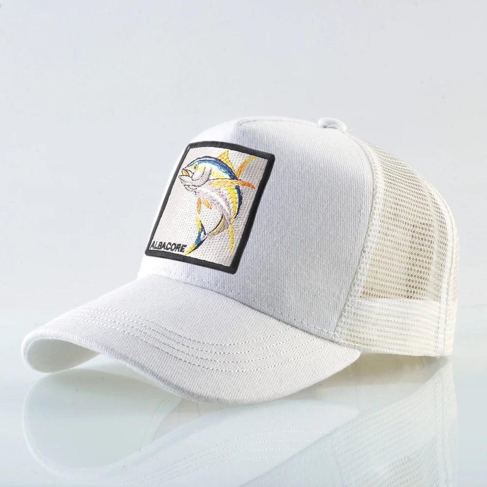 Gorra de béisbol de malla transpirable para mujer, gorra de camionero con parche de atún blanco, Hip Hop, gorra de hueso con solapa