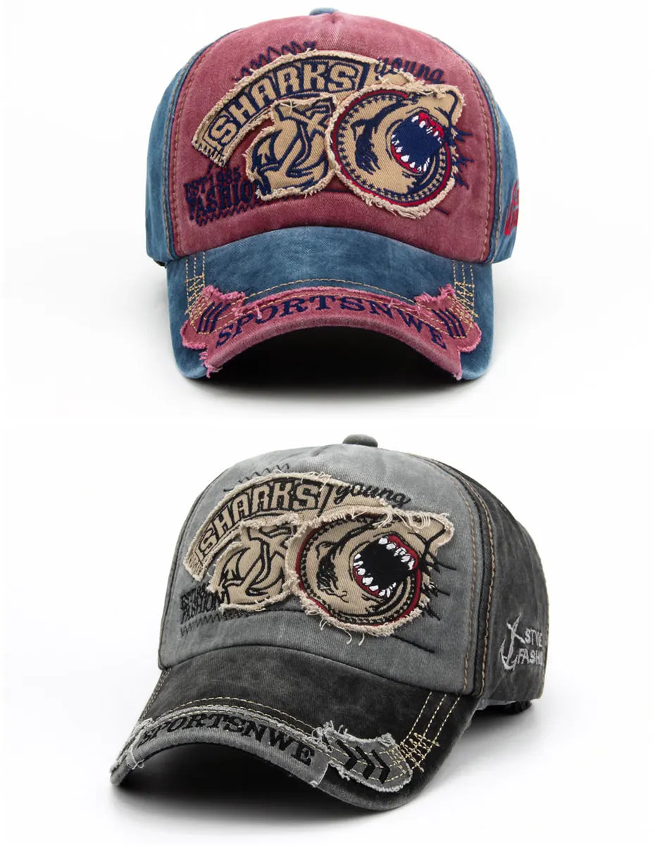 Casquette de baseball en coton avec requin brodé — snapback, hip-hop, unisexe, décontracté