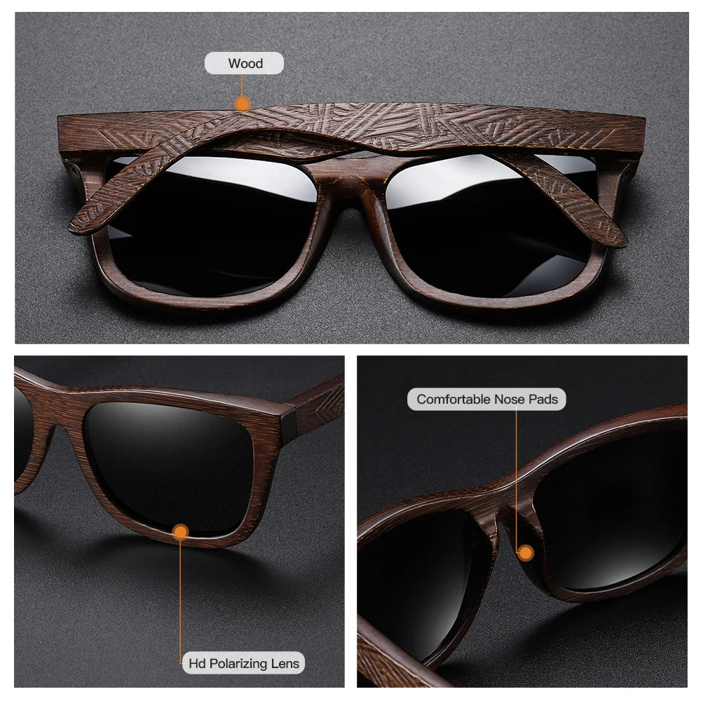 Lunettes de soleil en bois de bambou naturel polarisées faites à la main — miroir, boîte cadeau
