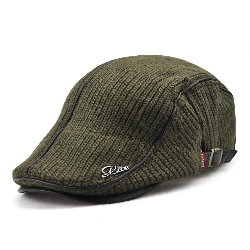 Béret casquette plate tricotée en cuir pour hommes — visière, snapback, haute qualité
