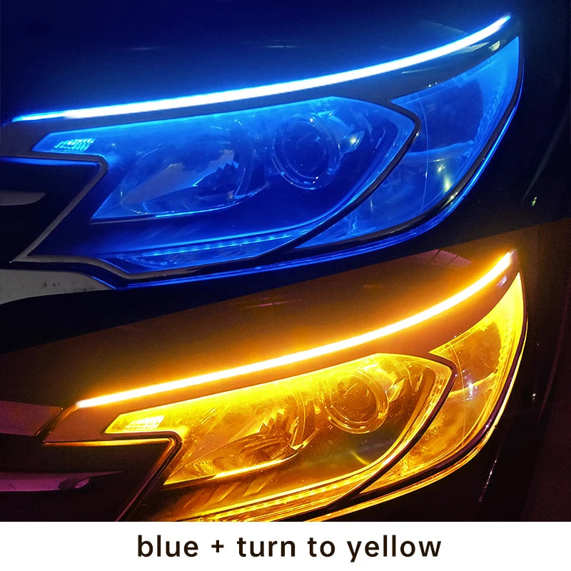2 piezas faros de coche intermitentes, luces DRL LED de freno de flujo blanco y ámbar, tira flexible impermeable de 12 V para luces diurnas de coche