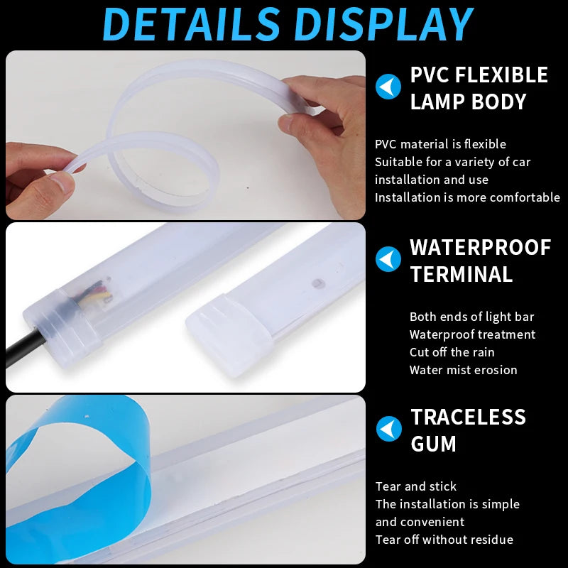 2 piezas faros de coche intermitentes, luces DRL LED de freno de flujo blanco y ámbar, tira flexible impermeable de 12 V para luces diurnas de coche