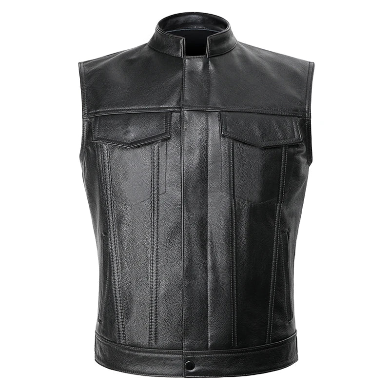 Gilet moto en cuir pour homme — punk, noir, printemps, veste biker