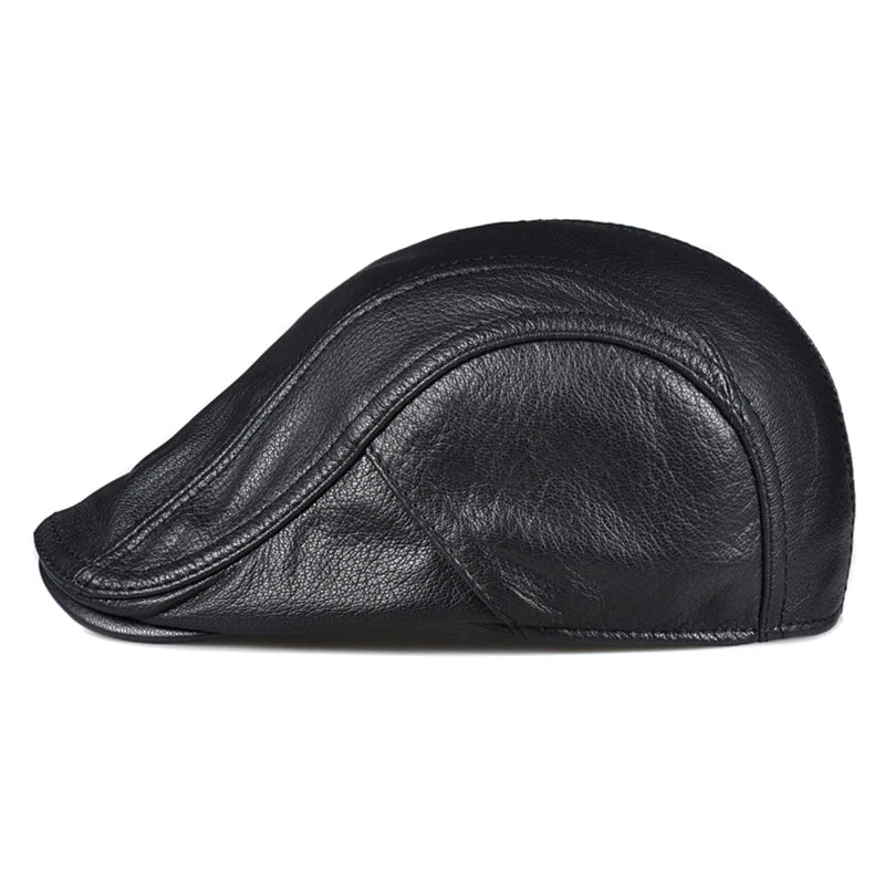 Béret en cuir véritable coupe-vent — bec de canard, homme, casquette peau de vache, noir, protection des oreilles (v2)