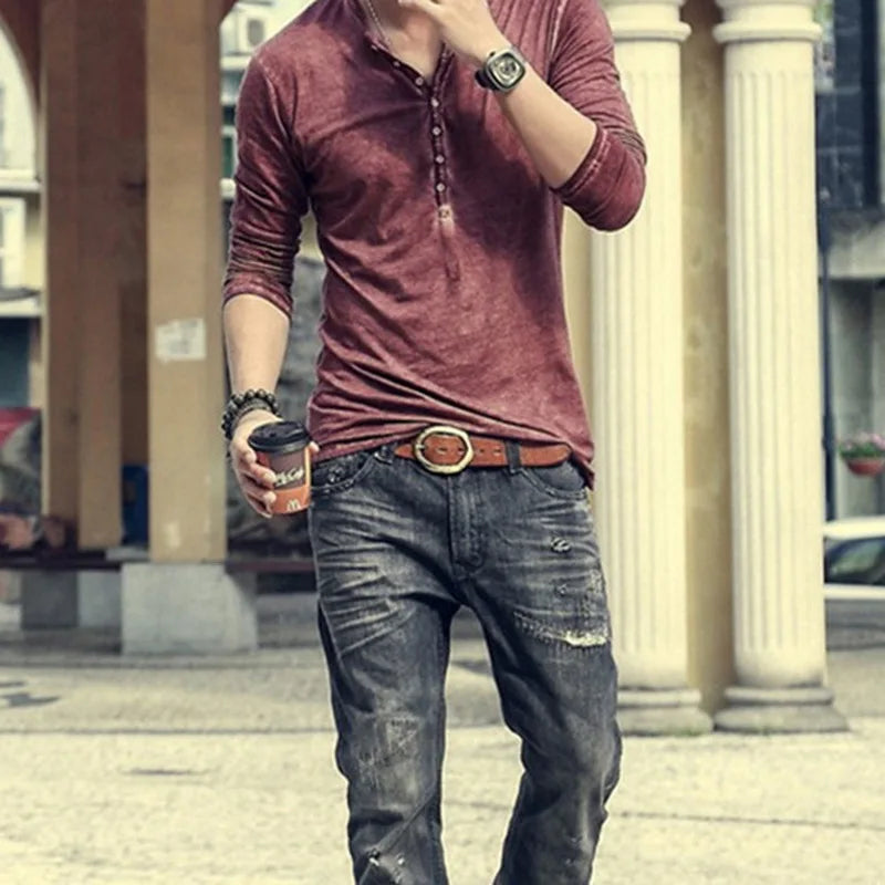 T-shirt Homme Col V Manches Longues & Hauts Élégants à Boutons T-shirt Henley Décontracté Automne 2026 Vêtement Masculin Uni 5XL