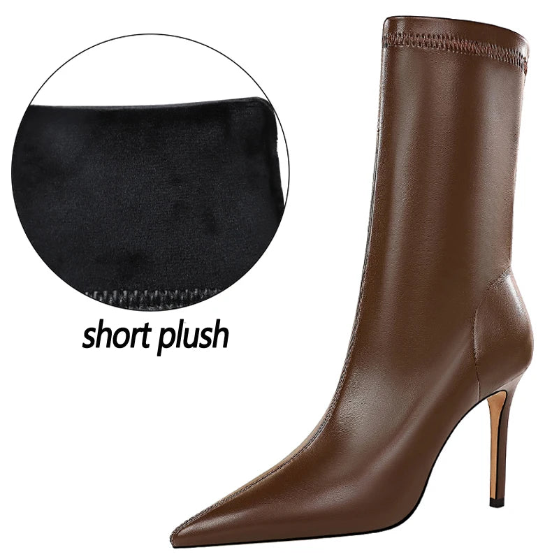 BIGTREE Women's High Heel Leather Boots, Short Ankle Boots, Rinse Shoes, Autumn and Winter