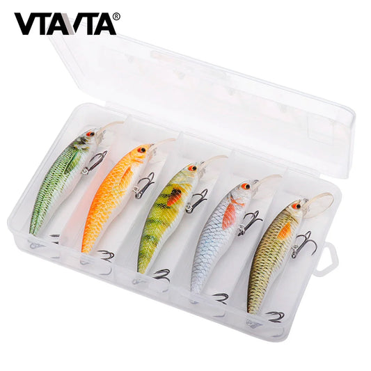 VTAVTA 5 pièces 5 cm 7 cm 9 cm Kit de leurre de pêche bionique appâts méné ensemble flottant manivelle Wobblers pour brochet attirail Kit d'appâts artificiels