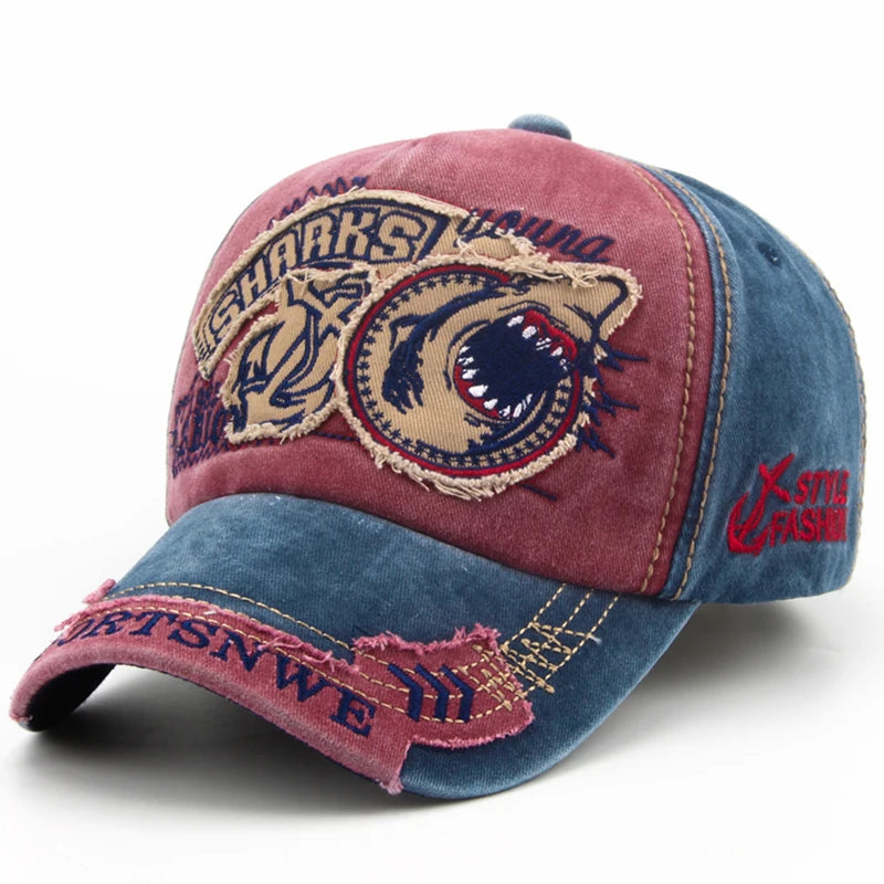 Casquette de baseball en coton avec requin brodé — snapback, hip-hop, unisexe, décontracté
