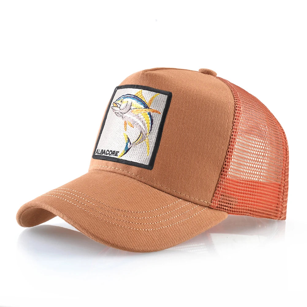 Gorra de béisbol de malla transpirable para mujer, gorra de camionero con parche de atún blanco, Hip Hop, gorra de hueso con solapa